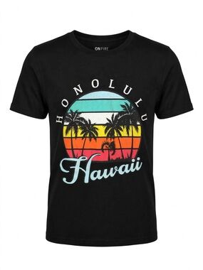 On Fire Black Tee with Tropical Honolulu Hawaii Sunset Graphic